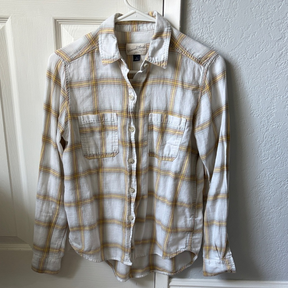 Universal Thread Cream and Gold Plaid Button-Down Shirt